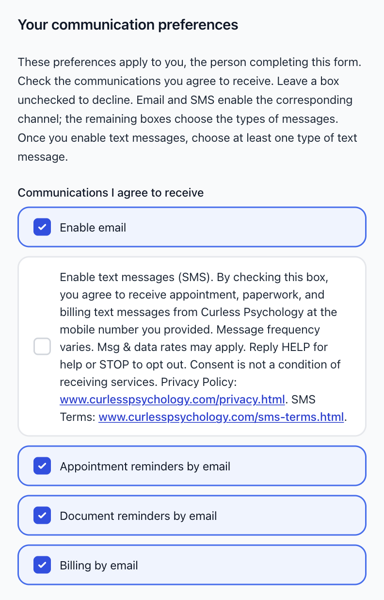 The Your communication preferences section. The Enable text messages (SMS) box is unchecked, with the full text message disclosure and links to the Privacy Policy and SMS Terms beside it. No text message types are shown or checked.