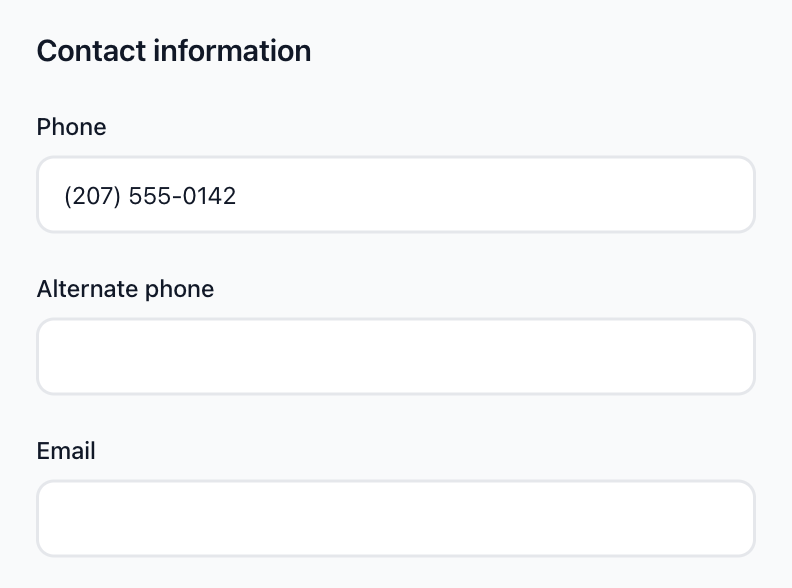 The Contact information section of the patient information form, with the Phone field filled in as (207) 555-0142.